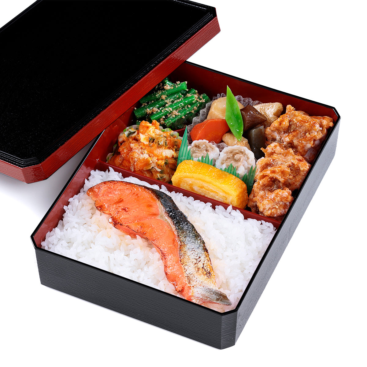 オリジナル食品サンプル「鮭弁当」の商品画像です。(英語表記) grilled salmon bento