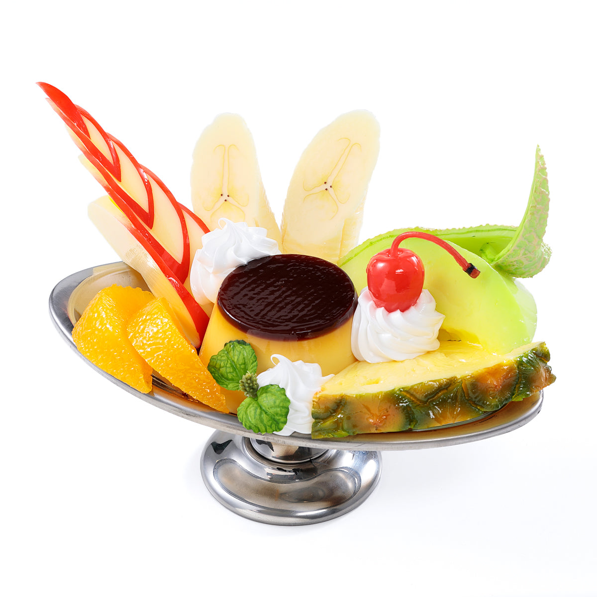 オリジナル食品サンプル「プリンアラモード」の商品画像です。(英語表記)caramel cream à la mode / flan parfait