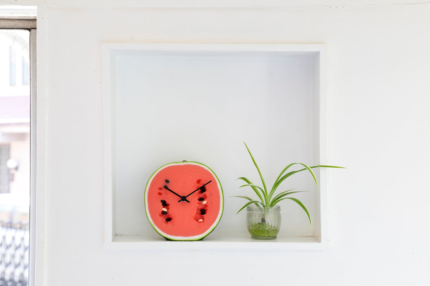 元祖食品サンプル屋「Replica Food Clock スイカ」の植物の隣に置いたイメージ画像です。