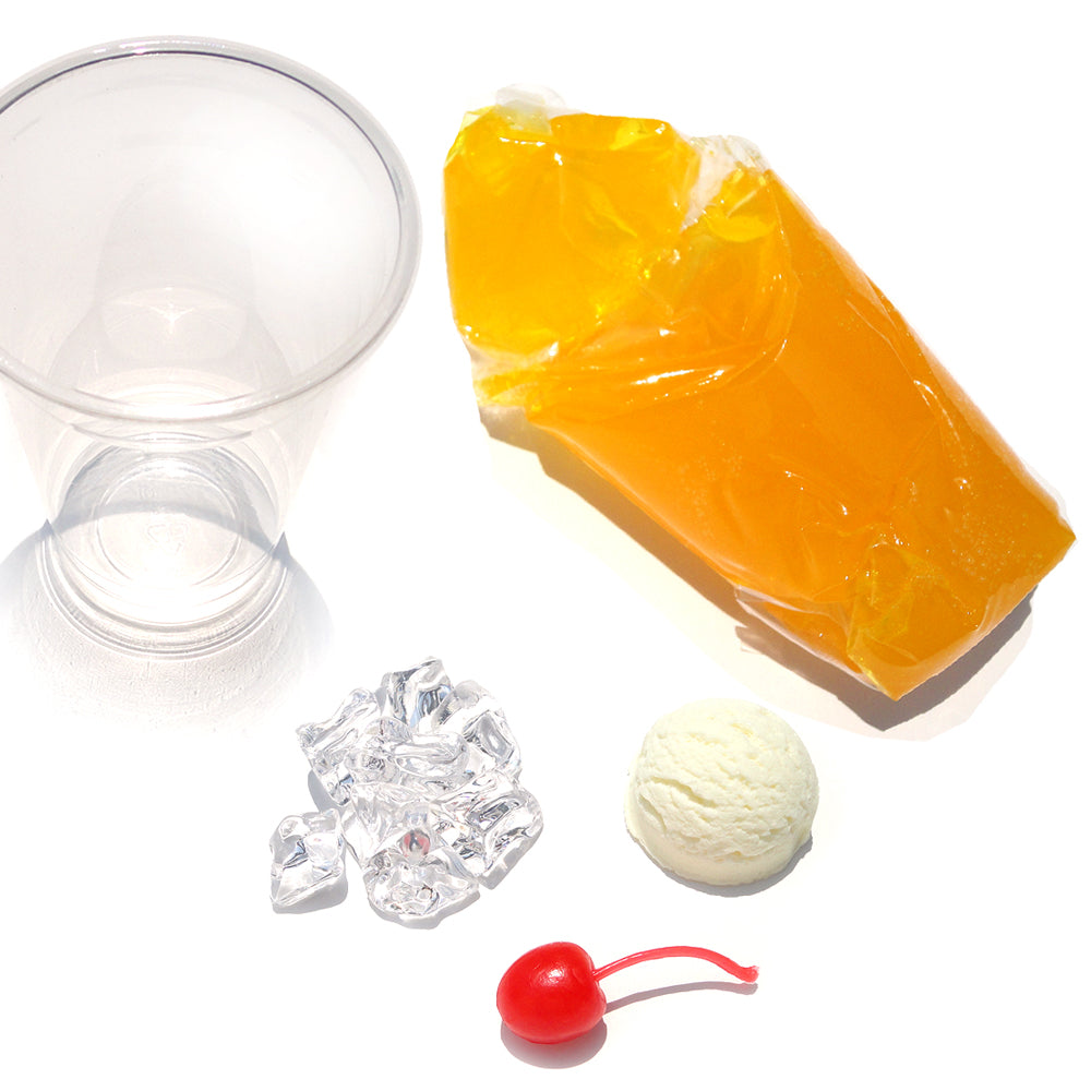 自分でつくる食品サンプル製作キット「さんぷるん ドリンクvol.4 オレンジフロート」の内容物画像です。