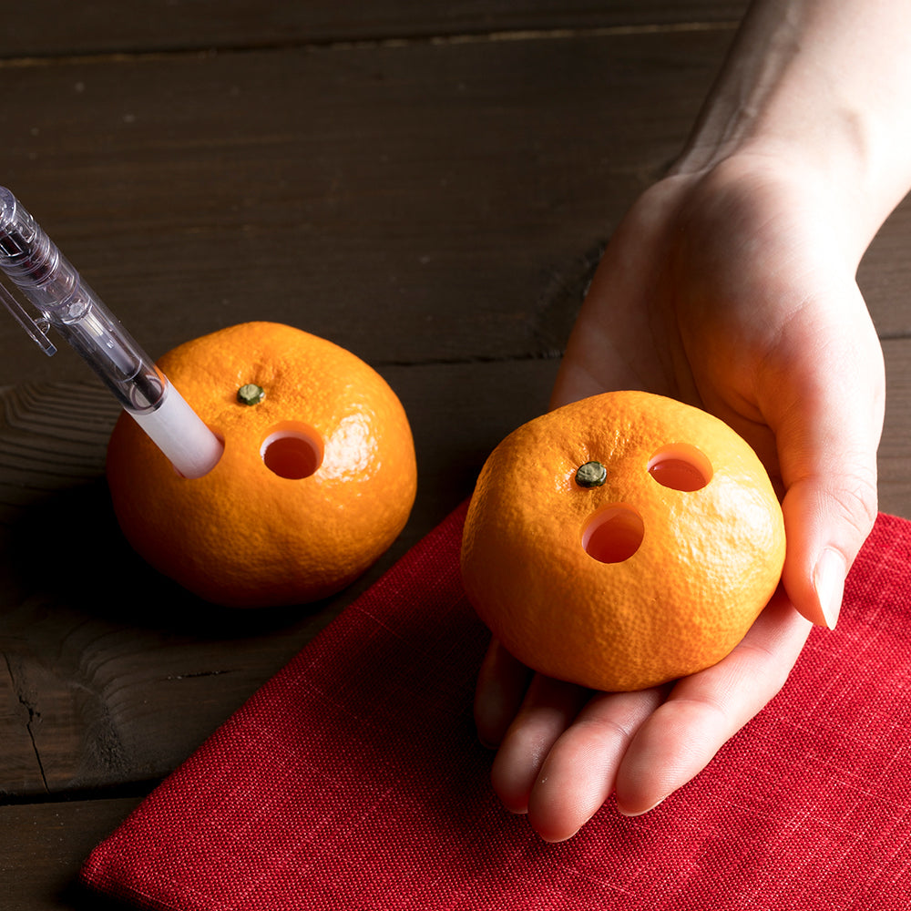 これは元祖食品サンプル屋の「みかん ペン立て」の手にのせた商品イメージ画像です。