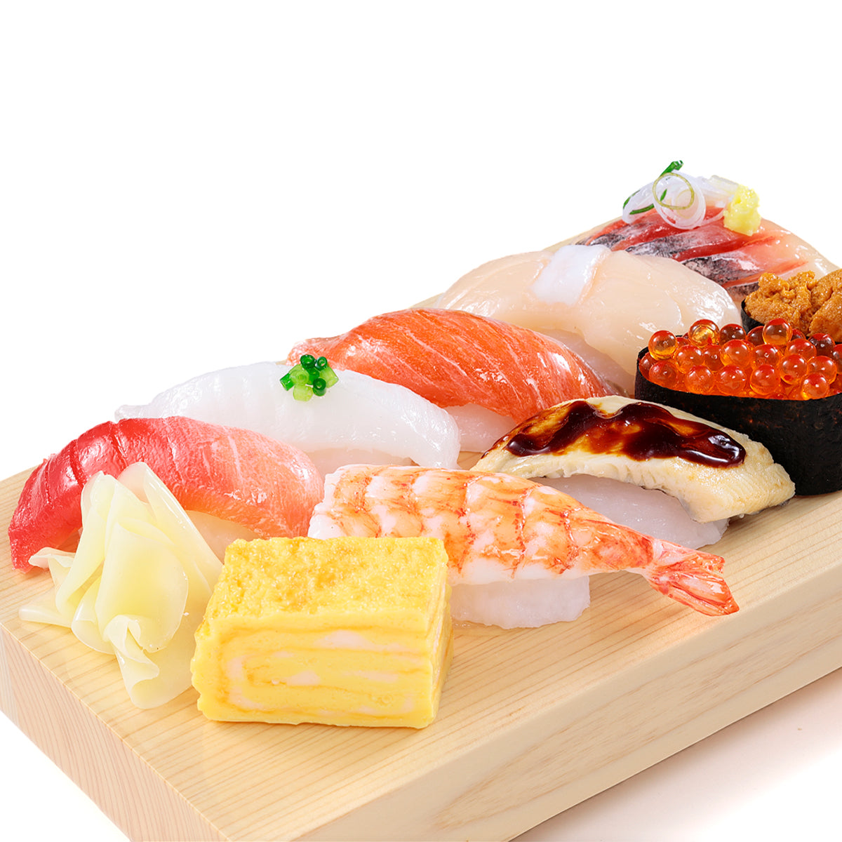 オリジナル食品サンプル「握り寿司」のイメージ画像です。中トロ、イカ、サーモン、ホタテ、アジ、エビ、あなご、イクラ、ウニのお寿司がのっています。