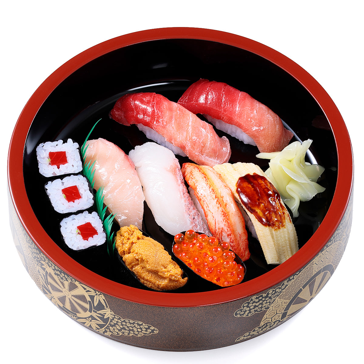 これは元祖食品サンプル屋のオリジナル食品サンプル「にぎり寿司桶」の商品画像です。(英語表記) sushi of replica food