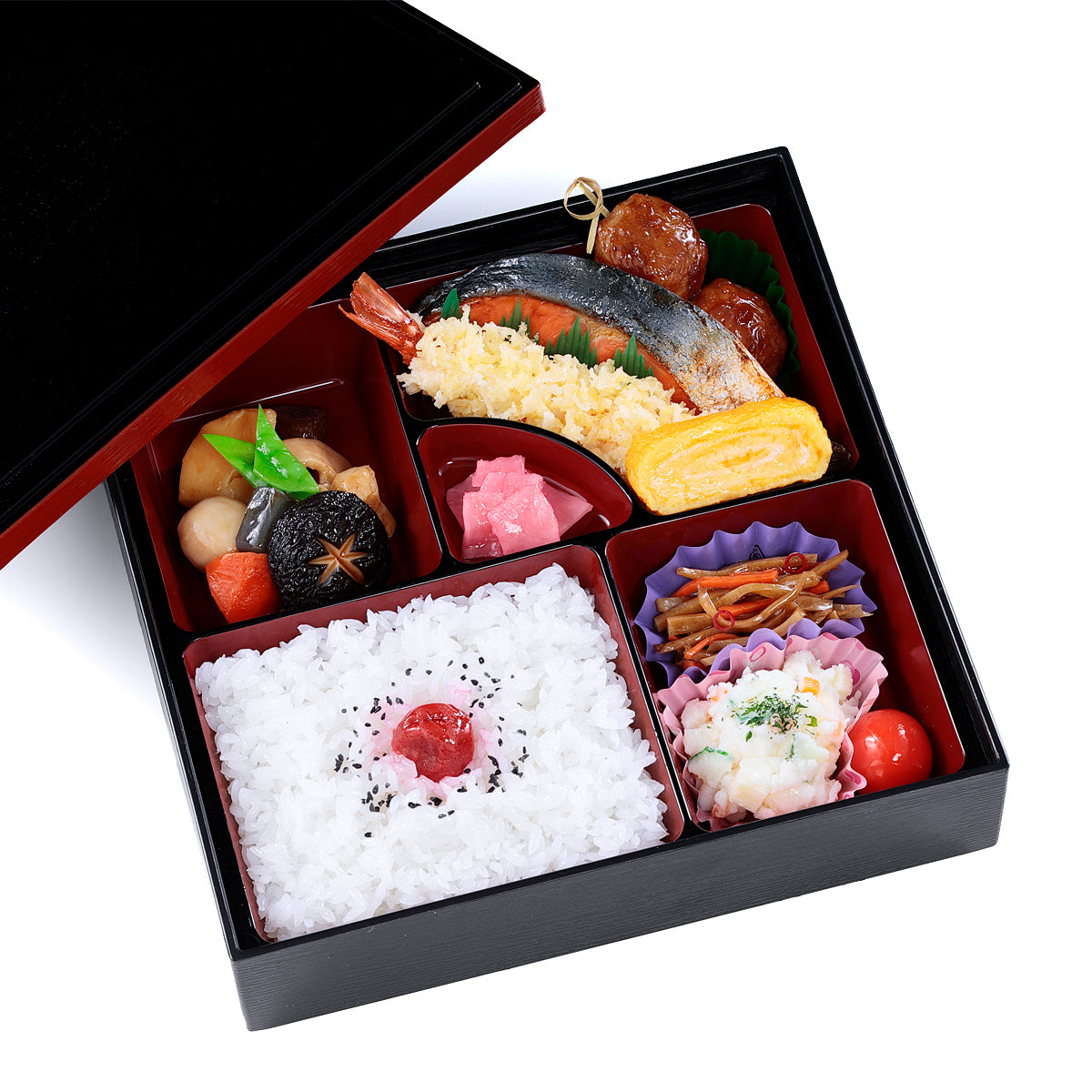 オリジナル食品サンプル「幕の内弁当」の商品画像です。(英語表記)a box lunch (containing rice and various kinds of fish, meat, and vegetables)