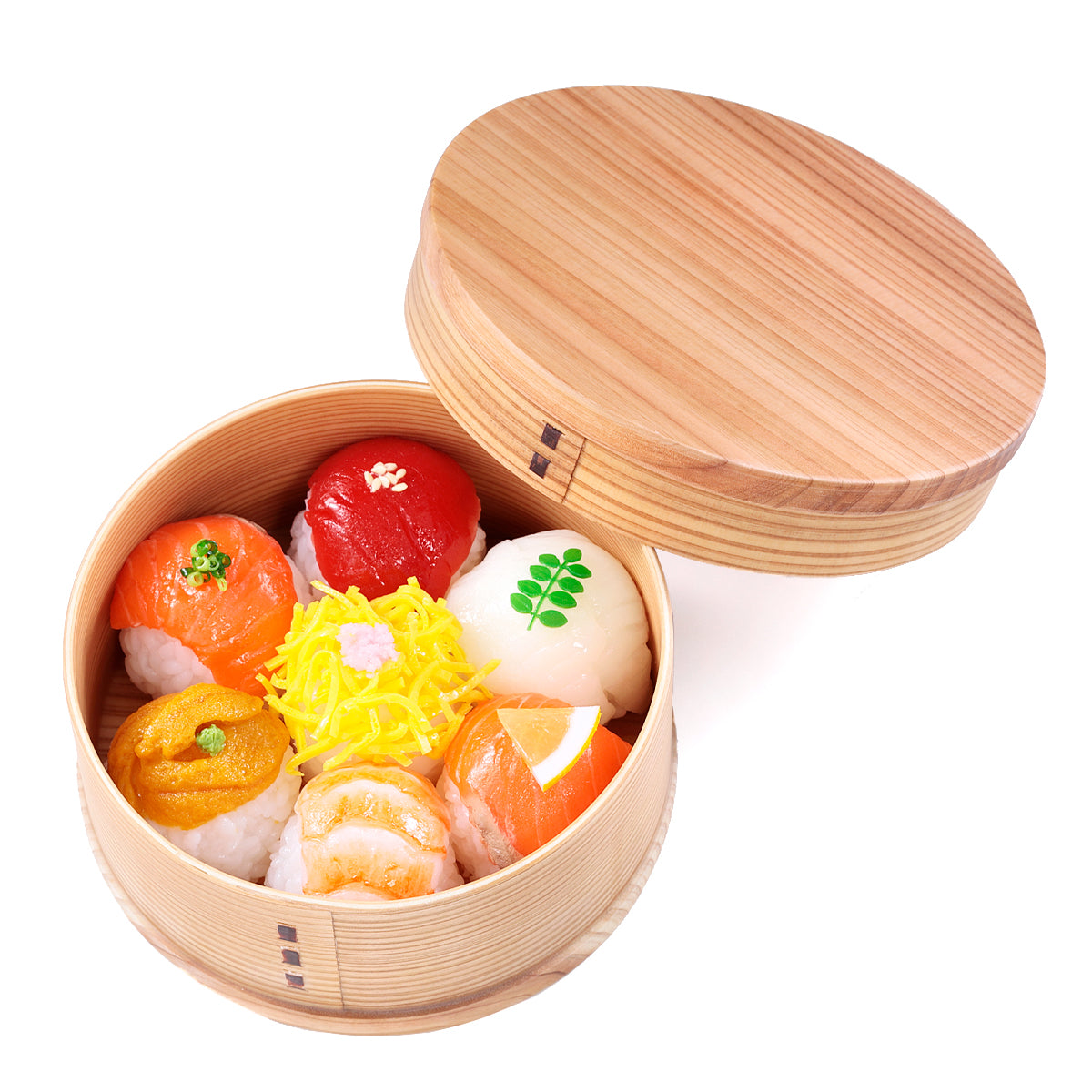 オリジナル食品サンプル「手毬寿司弁当」の商品画像です。(英語表記) Ball-shaped Sushi / Temari sushi