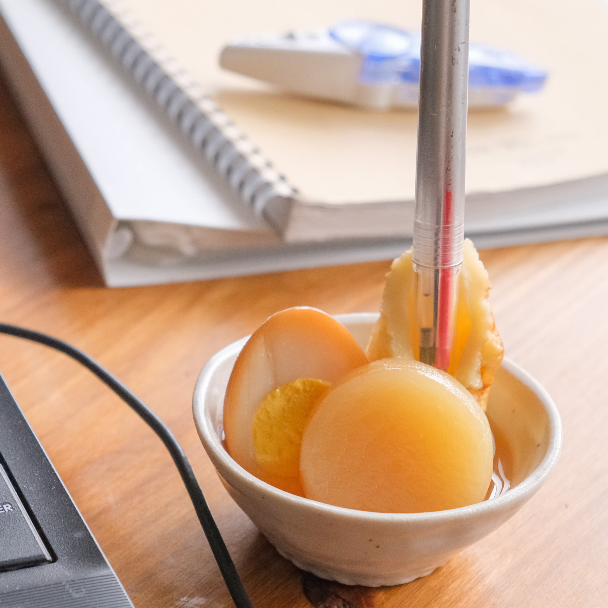 これは元祖食品サンプル屋の「一杯おでん ペン立て」のペンを挿した商品使用イメージ画像です。