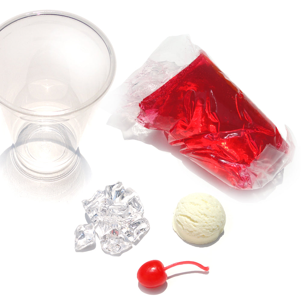 これは自分でつくる食品サンプルキット「さんぷるん ドリンクVol.2 イチゴフロート」の内容物写真です。